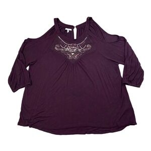 Maurices Top Size 2 Plus 2X Plum Purple Cold Shoulder Embellished‎ Sequin Mesh